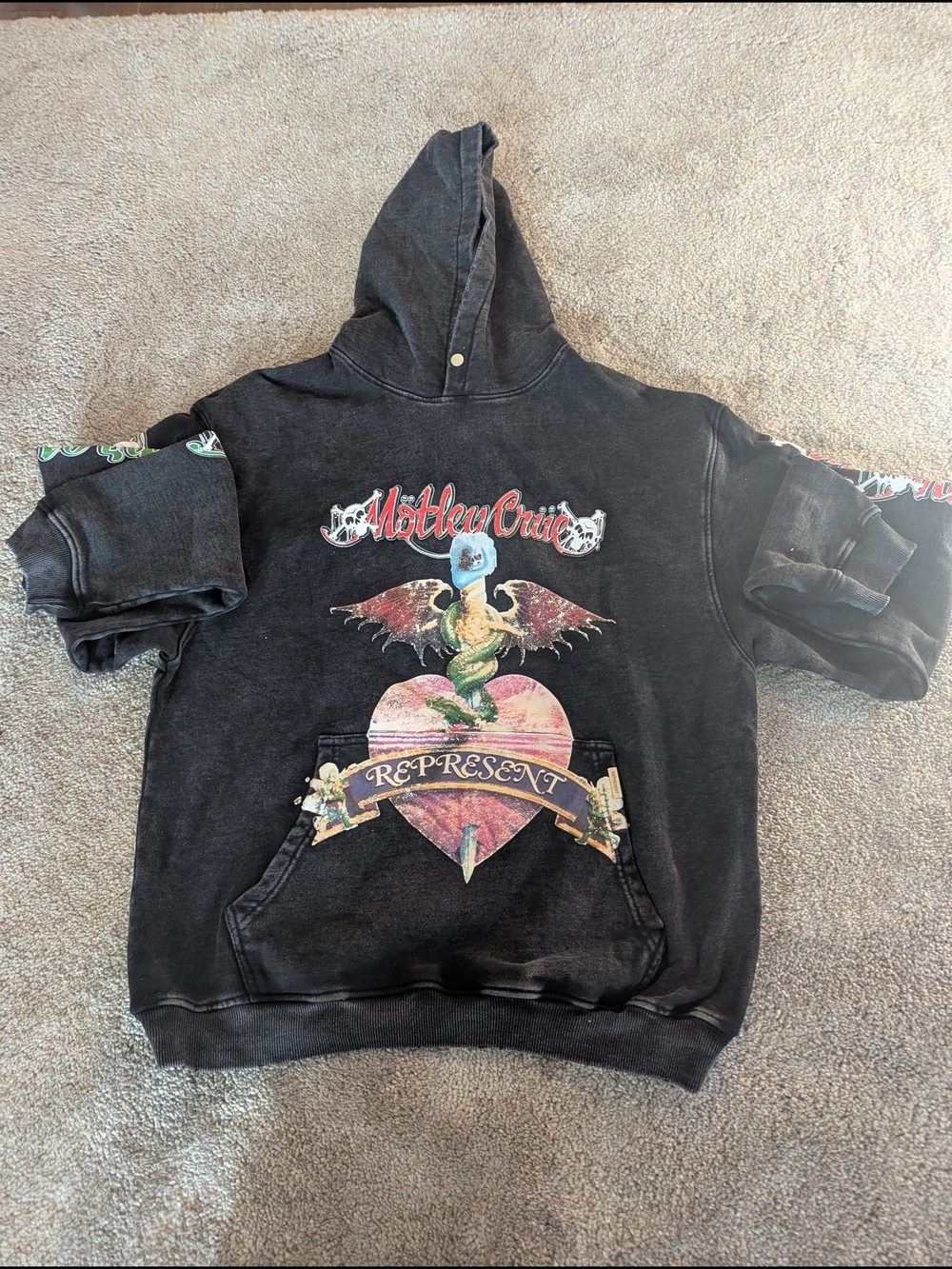 Black Graphic Hooded Pea Coat Style Jacket
